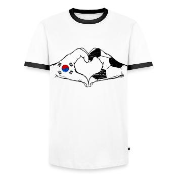 South Korea Football Flag Hands Heart Shape Used - Men's Ringer Shirt - white/black - Front - AI Model Female 172 light (172cm) & AI Model Male 178 dark (178cm)