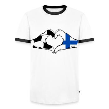 Finlande football drapeau mains forme coeur - T-shirt contrasté Homme - blanc/noir - Devant - AI Model Female 172 light (172cm) & AI Model Male 178 dark (178cm)