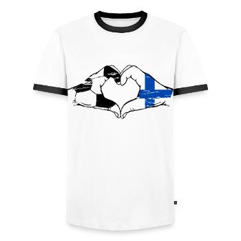 Finlande Football Drapeau Mains Coeur Forme Utilisé - T-shirt contrasté Homme - blanc/noir - Devant - AI Model Female 172 light (172cm) & AI Model Male 178 dark (178cm)