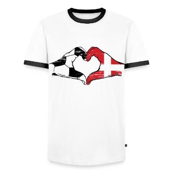 Denmark Football Flag Hands Heart Shape Used - Men's Ringer Shirt - white/black - Front - AI Model Female 172 light (172cm) & AI Model Male 178 dark (178cm)