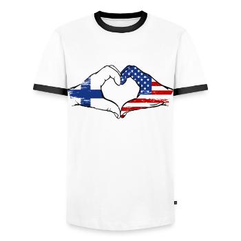 Finland USA Flag Hand Shape Heart Shape Used - Men's Ringer Shirt - white/black - Front - AI Model Female 172 light (172cm) & AI Model Male 178 dark (178cm)