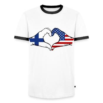 Finlande États-Unis Drapeau Mains Coeur Forme - T-shirt contrasté Homme - blanc/noir - Devant - AI Model Female 172 light (172cm) & AI Model Male 178 dark (178cm)