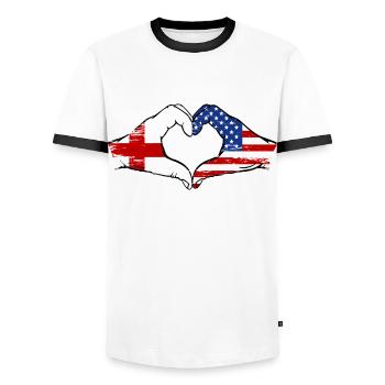 Angleterre USA drapeau main forme coeur utilisé - T-shirt contrasté Homme - blanc/noir - Devant - AI Model Female 172 light (172cm) & AI Model Male 178 dark (178cm)