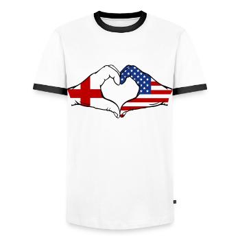 England USA Flag Hand Heart Shape - Men's Ringer Shirt - white/black - Front - AI Model Female 172 light (172cm) & AI Model Male 178 dark (178cm)
