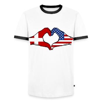 Danemark, États-Unis, Drapeau, Main, Coeur - T-shirt contrasté Homme - blanc/noir - Devant - AI Model Female 172 light (172cm) & AI Model Male 178 dark (178cm)