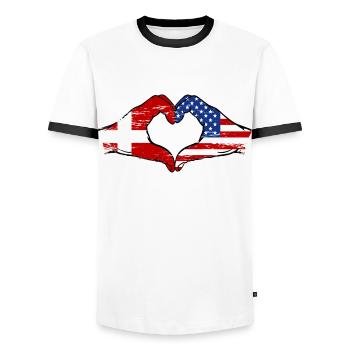 Denmark USA Flag Hands Heart Shape Used - Men's Ringer Shirt - white/black - Front - AI Model Female 172 light (172cm) & AI Model Male 178 dark (178cm)