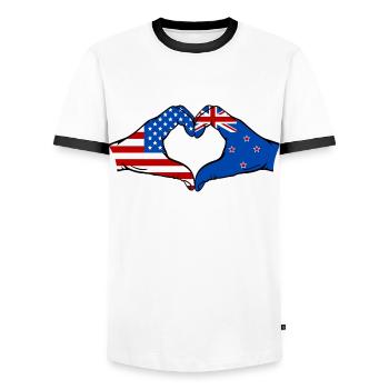 USA New Zealand Flag Hand Heart Shape - Men's Ringer Shirt - white/black - Front - AI Model Female 172 light (172cm) & AI Model Male 178 dark (178cm)