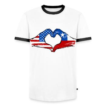 USA Chile Flag Hand Heart Shape Used - Men's Ringer Shirt - white/black - Front - AI Model Female 172 light (172cm) & AI Model Male 178 dark (178cm)