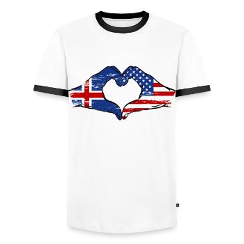 Iceland USA Flag Hands Heart Shape Used - Men's Ringer Shirt - white/black - Front - AI Model Female 172 light (172cm) & AI Model Male 178 dark (178cm)