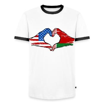 États-Unis Biélorussie drapeau mains forme de coeur utilisé - T-shirt contrasté Homme - blanc/noir - Devant - AI Model Female 172 light (172cm) & AI Model Male 178 dark (178cm)