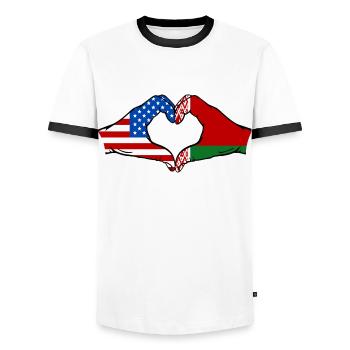 États-Unis Biélorussie drapeau mains forme coeur - T-shirt contrasté Homme - blanc/noir - Devant - AI Model Female 172 light (172cm) & AI Model Male 178 dark (178cm)