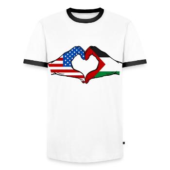 États-Unis Palestine Drapeau Mains Forme Coeur - T-shirt contrasté Homme - blanc/noir - Devant - AI Model Female 172 light (172cm) & AI Model Male 178 dark (178cm)