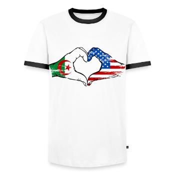 Algeria USA Flag Hands Heart Shape Used - Men's Ringer Shirt - white/black - Front - AI Model Female 172 light (172cm) & AI Model Male 178 dark (178cm)
