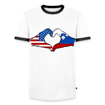 USA Slowenien Flagge Haende Herzform - Männer Kontrast-T-Shirt - Weiß/Schwarz - Vorne - AI Model Female 172 light (172cm) & AI Model Male 178 dark (178cm)