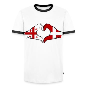 Georgien Daenemark Flagge Haende Herzform - Männer Kontrast-T-Shirt - Weiß/Schwarz - Vorne - AI Model Female 172 light (172cm) & AI Model Male 178 dark (178cm)