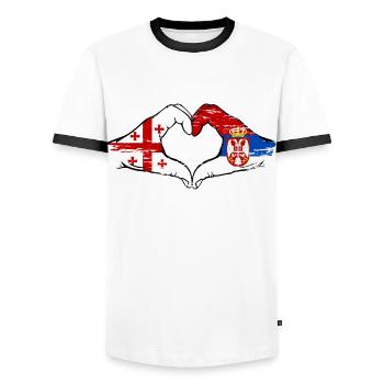 Géorgie Serbie drapeau mains forme de coeur utilisé - T-shirt contrasté Homme - blanc/noir - Devant - AI Model Female 172 light (172cm) & AI Model Male 178 dark (178cm)