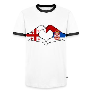 Georgien Serbien Flagge Haende Herzform - Männer Kontrast-T-Shirt - Weiß/Schwarz - Vorne - AI Model Female 172 light (172cm) & AI Model Male 178 dark (178cm)