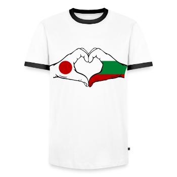 Japan Bulgarien Flagge Haende Herzform - Männer Kontrast-T-Shirt - Weiß/Schwarz - Vorne - AI Model Female 172 light (172cm) & AI Model Male 178 dark (178cm)