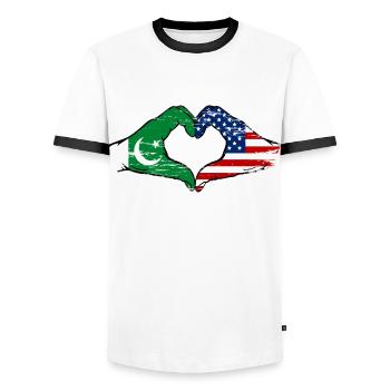 Pakistan USA Flag Hand Heart Shape Used - Men's Ringer Shirt - white/black - Front - AI Model Female 172 light (172cm) & AI Model Male 178 dark (178cm)