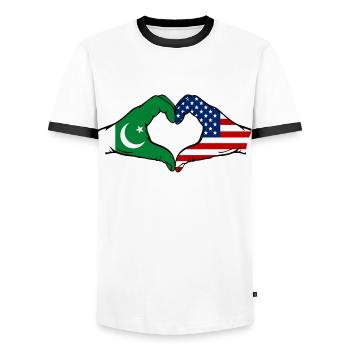 Pakistan États-Unis drapeau mains forme coeur - T-shirt contrasté Homme - blanc/noir - Devant - AI Model Female 172 light (172cm) & AI Model Male 178 dark (178cm)