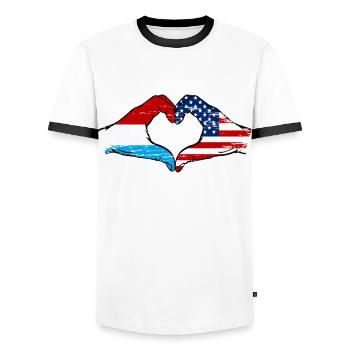 Luxembourg USA Drapeau Main Coeur Forme - T-shirt contrasté Homme - blanc/noir - Devant - AI Model Female 172 light (172cm) & AI Model Male 178 dark (178cm)