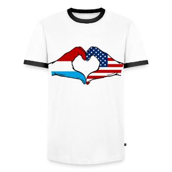 Luxemburg USA Flagge Haende Herzform - Männer Kontrast-T-Shirt - Weiß/Schwarz - Vorne - AI Model Female 172 light (172cm) & AI Model Male 178 dark (178cm)