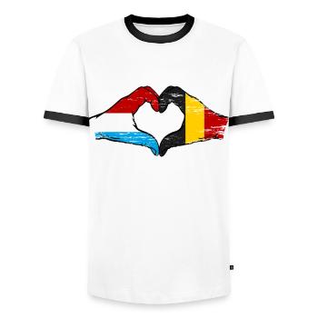 Luxembourg Belgique Drapeau Mains Coeur Forme Utilisé - T-shirt contrasté Homme - blanc/noir - Devant - AI Model Female 172 light (172cm) & AI Model Male 178 dark (178cm)