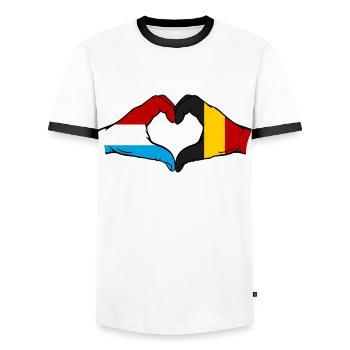 Luxembourg Belgium Flag Hands Heart Shape - Men's Ringer Shirt - white/black - Front - AI Model Female 172 light (172cm) & AI Model Male 178 dark (178cm)