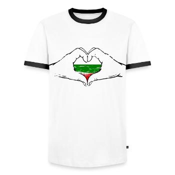 Drapeau de la Bulgarie en forme de coeur utilisé - T-shirt contrasté Homme - blanc/noir - Devant - AI Model Female 172 light (172cm) & AI Model Male 178 dark (178cm)