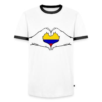 Colombia Flag Heart Shape - Men's Ringer Shirt - white/black - Front - AI Model Female 172 light (172cm) & AI Model Male 178 dark (178cm)