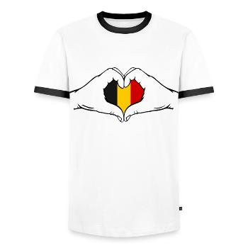 Belgien Flagge Herzform - Männer Kontrast-T-Shirt - Weiß/Schwarz - Vorne - AI Model Female 172 light (172cm) & AI Model Male 178 dark (178cm)