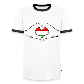 Hungary Flag Heart Shape Used - Men's Ringer Shirt - white/black - Front - AI Model Female 172 light (172cm) & AI Model Male 178 dark (178cm)