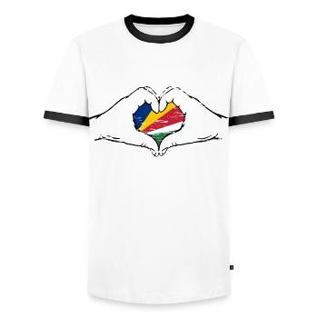 Drapeau des Seychelles en forme de coeur utilisé - T-shirt contrasté Homme - blanc/noir - Devant - AI Model Female 172 light (172cm) & AI Model Male 178 dark (178cm)