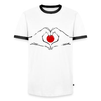 Japan Flag Heart Shape Used - Men's Ringer Shirt - white/black - Front - AI Model Female 172 light (172cm) & AI Model Male 178 dark (178cm)