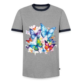 Schmetterlinge Bunt Farbenfroh Schön Kunst Natur - Männer Kontrast-T-Shirt - Grau/Navy  - Vorne - AI Model Female 172 light (172cm) & AI Model Male 178 light (178cm)