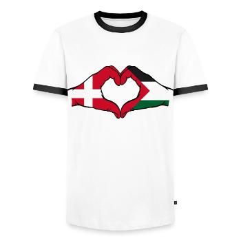 Dänemark Palästina Herzform mit Hände - Männer Kontrast-T-Shirt - Weiß/Schwarz - Vorne - AI Model Female 172 light (172cm) & AI Model Male 178 dark (178cm)