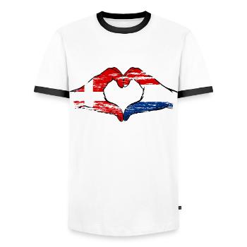 Denmark Holland Heart Shape with Hands Used - Men's Ringer Shirt - white/black - Front - AI Model Female 172 light (172cm) & AI Model Male 178 dark (178cm)