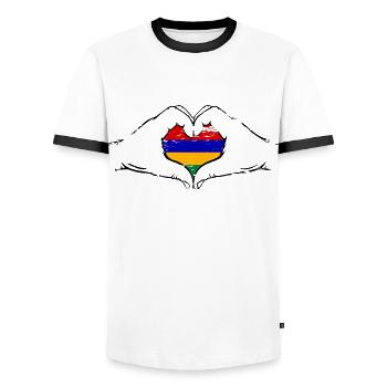 Drapeau de l’île Maurice Aiguilles en forme de coeur d’occasion - T-shirt contrasté Homme - blanc/noir - Devant - AI Model Female 172 light (172cm) & AI Model Male 178 dark (178cm)