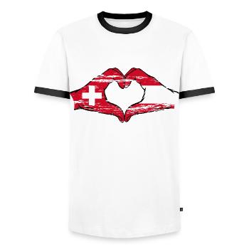 Switzerland Austria Flag Hands Heart shape used - Men's Ringer Shirt - white/black - Front - AI Model Female 172 light (172cm) & AI Model Male 178 dark (178cm)