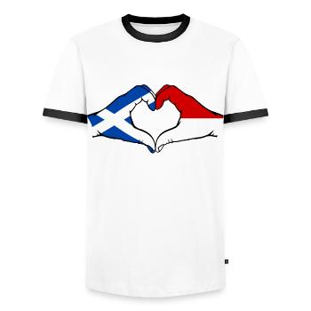 Scotland Indonesia Flag Hands Heart Shape - Men's Ringer Shirt - white/black - Front - AI Model Female 172 light (172cm) & AI Model Male 178 dark (178cm)