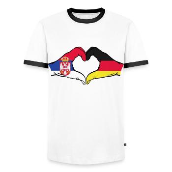 Serbia Germany Flag Hands Heart Shape - Men's Ringer Shirt - white/black - Front - AI Model Female 172 light (172cm) & AI Model Male 178 dark (178cm)