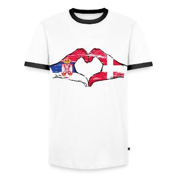 Serbie Danemark drapeau mains coeur forme utilisé - T-shirt contrasté Homme - blanc/noir - Devant - AI Model Female 172 light (172cm) & AI Model Male 178 dark (178cm)
