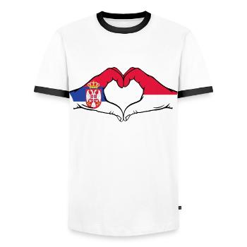 Serbia Indonesia Flag Hands Heart Shape - Men's Ringer Shirt - white/black - Front - AI Model Female 172 light (172cm) & AI Model Male 178 dark (178cm)
