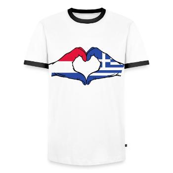 Holland Greece Flag Hands Heart Shape - Men's Ringer Shirt - white/black - Front - AI Model Female 172 light (172cm) & AI Model Male 178 dark (178cm)