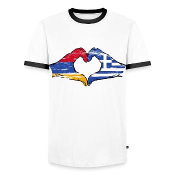 Armenia Greece Flag Hands Heart Shape Used - Men's Ringer Shirt - white/black - Front - AI Model Female 172 light (172cm) & AI Model Male 178 dark (178cm)