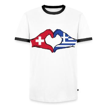 Switzerland Greece Flag Hands Heart Shape - Men's Ringer Shirt - white/black - Front - AI Model Female 172 light (172cm) & AI Model Male 178 dark (178cm)