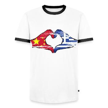 China Griechenland Flagge Hände Herzform used - Männer Kontrast-T-Shirt - Weiß/Schwarz - Vorne - AI Model Female 172 light (172cm) & AI Model Male 178 dark (178cm)