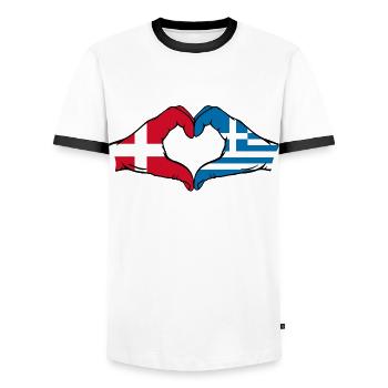 Denmark Greece Flag Hands Heart Shape - Men's Ringer Shirt - white/black - Front - AI Model Female 172 light (172cm) & AI Model Male 178 dark (178cm)
