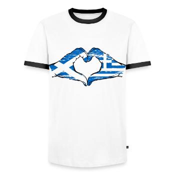 Mains de drapeau de l’Écosse Grèce en forme de coeur utilisé - T-shirt contrasté Homme - blanc/noir - Devant - AI Model Female 172 light (172cm) & AI Model Male 178 dark (178cm)