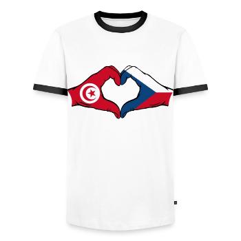 Tunesien Tschechien Flagge Herzform - Männer Kontrast-T-Shirt - Weiß/Schwarz - Vorne - AI Model Female 172 light (172cm) & AI Model Male 178 dark (178cm)